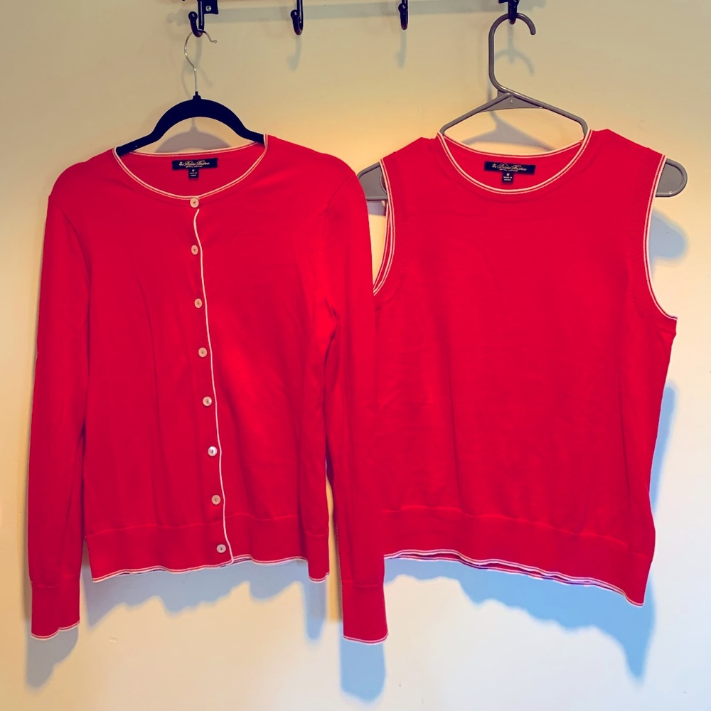 2 Piece Brooks Brothers Matching Set Cardigan Tank Red White Vintage Medium
